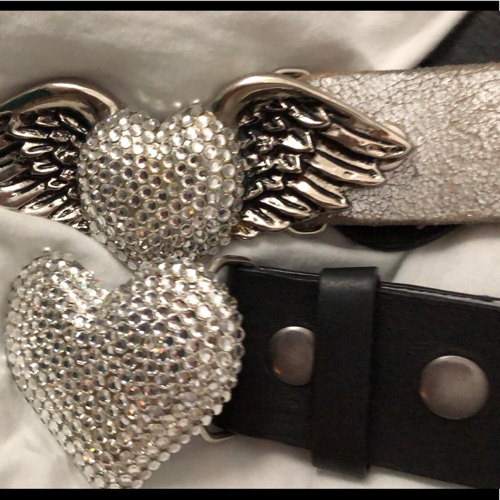 FINAL.SALE! 2 Bridget Shuster leather belts Crystal Heart Angel Wings /heart